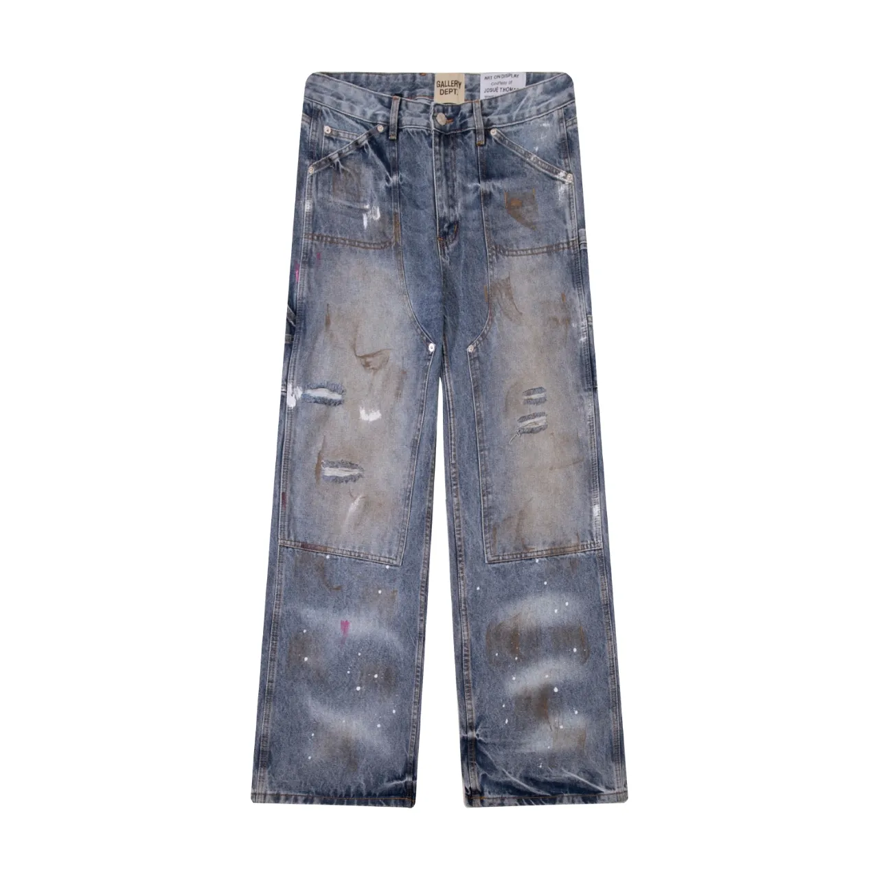 651#Gallery Dept New Retro Old Splashed Paint Holes Dirty Feng Shui Washed Mud Dyeing Logging Workwear Jeans American High Street Casual Workwear Trousers Washed Blue S～XL p290